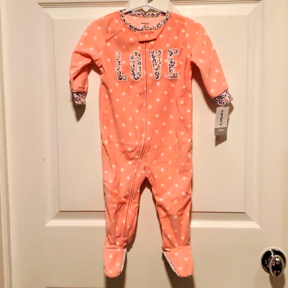NWT Carter's Girls Infant "LOVE" Peach Fleece Polkadot Zipper Overall - Size 12M